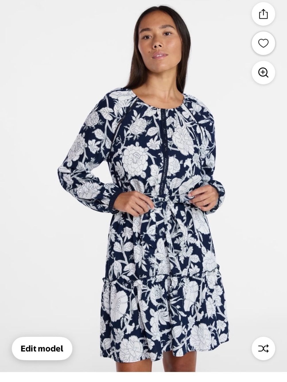 Time and Tru Navy and White Floral Tie-Waist Mini Dress